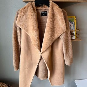 Twelfth Love Faux Fur-Lined Camel Cardigan Jacket